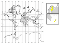 Kartennetz der konformen Mercator-Projektion. Zu beachten sind die beträchtlichen Flächenverzerrungen. Zusätzlich zeigt die Abbildung die Darstellung von Finnland und Neuseeland in dieser Projektion.